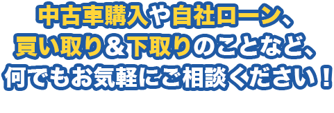 中古車購入や自社ローン、買い取り＆下取りのことなど、何でもお気軽にご相談ください！